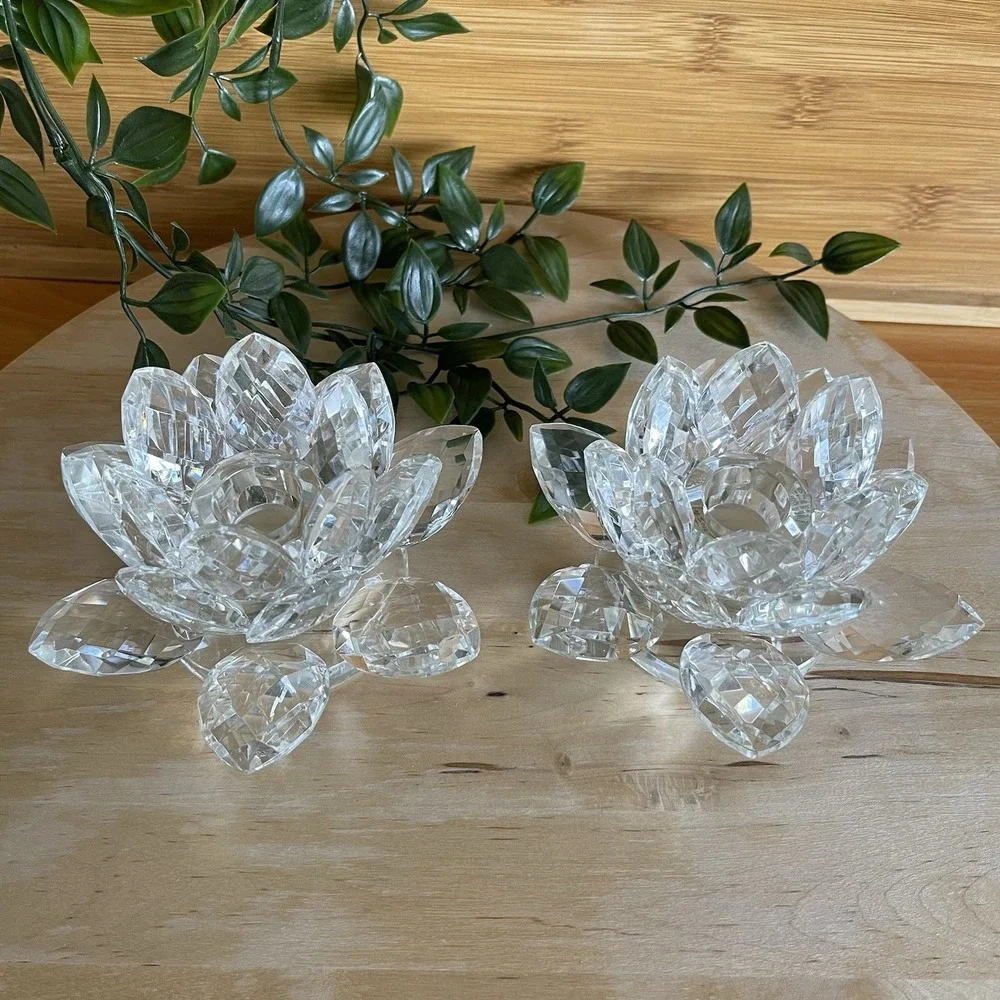 Vintage Shannon Crystal by Godinger Lotus Flower Candle Holders Pair Set Of 2